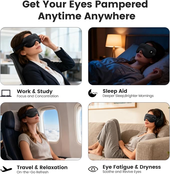 Cordless Heated Eye Mask for Dry Eyes, Blocking Light Warm Compress Rechargeable, 1000mAh Electric Eye Heating Pad for Sleeping, Washable Heat Sleep Mask with 3 Temperature Settings, Black
