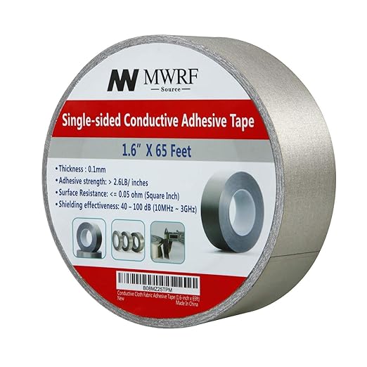 MWRF Source Conductive Cloth Fabric Adhesive Faraday Tape (1.6-inch x 65ft); EMI Grounding; RFID Signal Attenuation; Radio Frequency Signal Attenuation; Guitar Interference Shielding