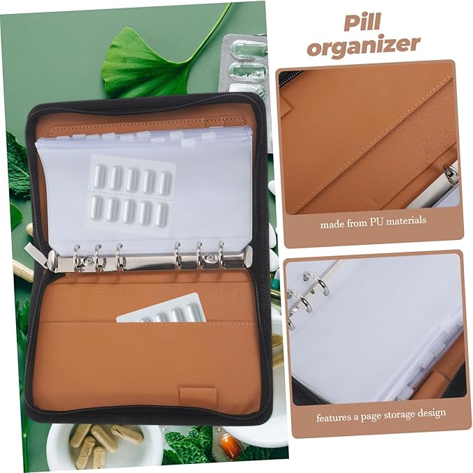 Ciieeo PU Pill Organizer with Removable Zipper Pouches Travel Medicine Storage Bag Loose Leaf Pharmacy Holder for Medication Vitamins Supplements Portable Travel Use