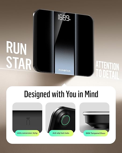 RunStar Digital Bathroom Scale for Body Weight with High Precision, Clear LED Backlight Display, Accurate Scale with 6mm Tempered Glass, 400lb, Silver
