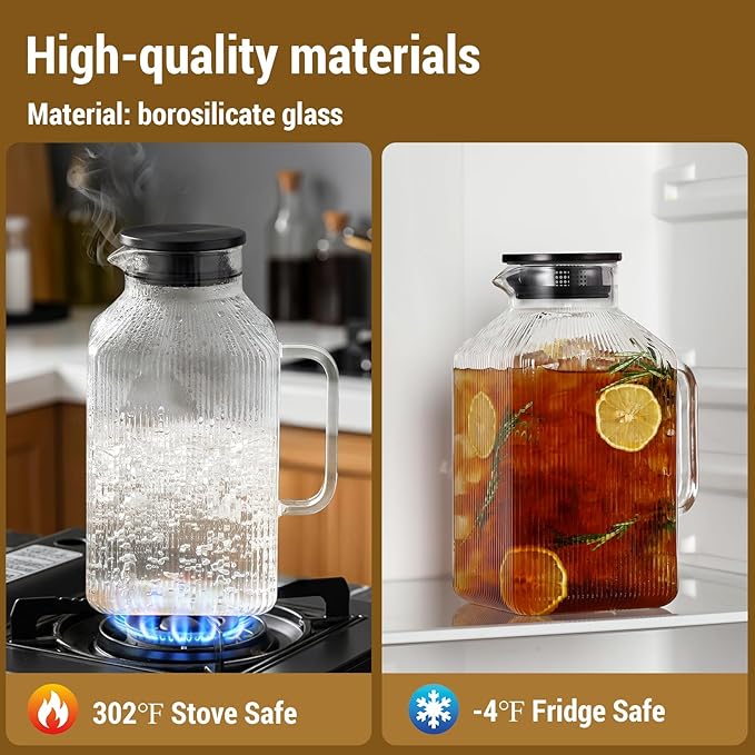 1 Gallon Square Glass Pitcher with Lid, Classic Stripes Water Pitchers for Fridge, Borosilicate Glass Carafe for Hot/Cold Brew Drink, Extra Large Jug with Handle for Iced Tea, Coffee, Juice, Black