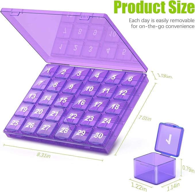 Monthly Pill Organizer Once a Day - 30 Day Pill Organizer Box - Easy to Open - Large Compartments Portable Case for Travel, Month Pill Cases Medicine Organizer for Vitamin (Purple)