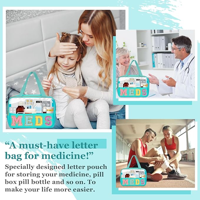 Chenille Letter Clear Makeup Bag MEDS Tote, Large Preppy Medicine Bag Travel Drugs Pills Bag Zipper Pouch with Handle,Waterproof Nylon Portable Cute Cosmetic Toiletry Storage Bag for Women(MEDS-Green)