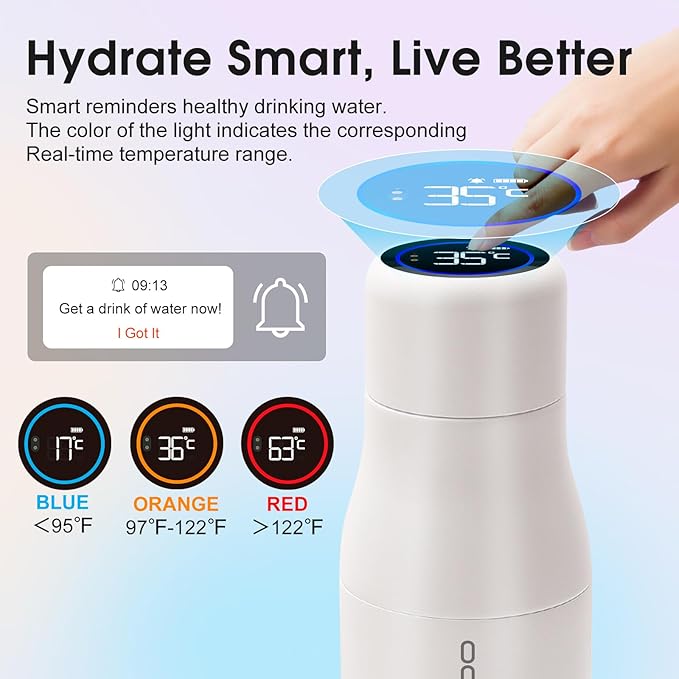 VSITOO 14.8oz Mini Smart Self-Cleaning Water Bottle，Small Insulated Stainless Steel Thermoses with AI Self-Clean, 30-Day Battery & Magnetic Charging for Travel, Gym, Office or Purse, White