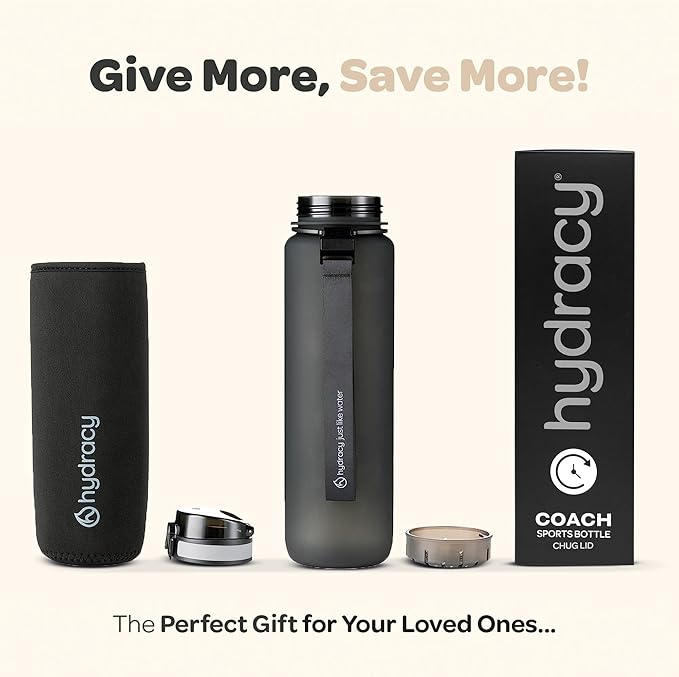 Hydracy Water Bottle with Time Marker -Large BPA Free Water Bottle & No Sweat Sleeve -Leak Proof Gym Bottle with Fruit Infuser Strainer & Times to Drink -Ideal for Fitness Sports & Outdoors