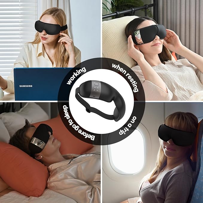 HubiCare Eye Massager with Heat, Vibration, and Music Helps Relieve Strain, Dark Circles, Dryness, and for Migraine Relief Relaxation and Better Sleep Valentines Day Gifts for Women/Men (Black)