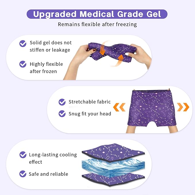 Migraine Relief Cap, Gel Cooling 2 Pack Set, Headache Relief with Hot/Cold Ice Cap, Instant Headache Relief, Reusable Ice Pack for Stress Sinus Relief Migraine Mask Gift for Women Man