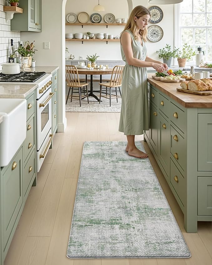 DEXI Kitchen Mats Cushioned Anti Fatigue, 23x86 Floor Padded Runner Rug Non Slip, Waterproof Standing Comfort Memory Foam for Front Sink Laundry, Green