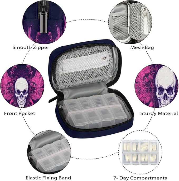 Purple Skull Cool Pill Case Travel Pill Organizer Weekly 7 Day Portable with Zipper Medicine Box Pill Case for Vitamins, Birth Control,Fish Oils,Medication, Supplements