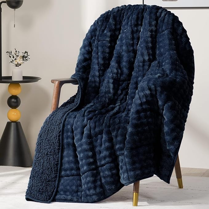 Cottonblue Bubble Weighted Blanket 15lbs Faux Fur Sherpa Heavy Weighted Blankets for Adults, Fits Queen Size Bed, Cute Fuzzy Warm Heavy Blanket for Calm and Better Sleep, 60"x80", Navy Blue
