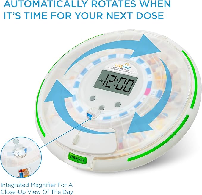 Live Fine Automatic Pill Dispenser with 28-Day Electronic Medication Organizer, 6 Dosage Templates, Easy-Read LCD Display, Sound & Light Alerts & Key for Prescriptions, Vitamins, Supplements & More