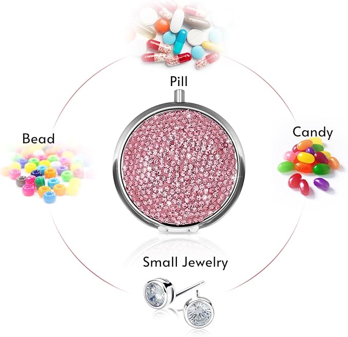 Soleebee Bling Crystal Pill Box, Portable 3 Compartments Daily Pill Organizer, Small Travel Pill Case for Purse or Pocket, Medicine Vitamin Pill Container Organizer (Pink)