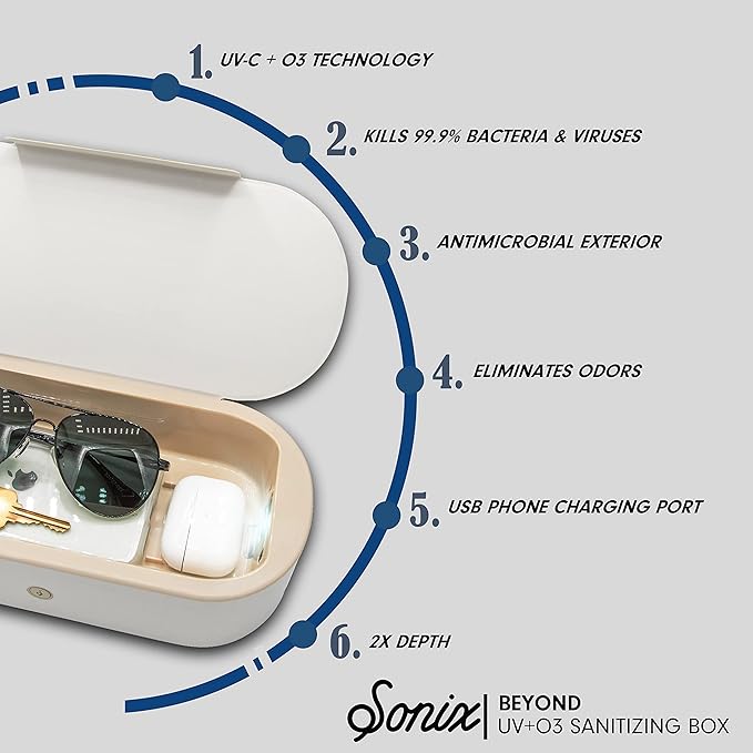 Sonix Beyond UV+O3 Sanitizer Box and Universal Charger UV and Ozone Disinfector for Phone, Mask, Makeup Brush, Nail Tool (White Croc)
