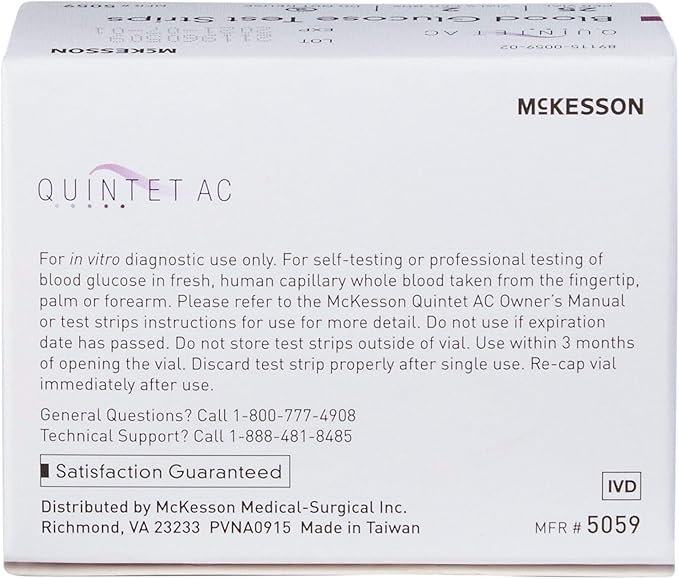 McKesson Quintet AC Blood Glucose Test Strips - Auto Coding, Noble Electrode Strips, for Self-Testing and Point-of-Care Testing of Whole Blood Glucose, 50 Strips, 20 Packs, 1000 Total