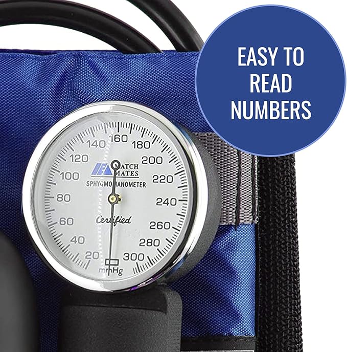 MABIS MatchMates Manual Blood Pressure Monitor Kit Aneroid Sphygmomanometer with Calibrated Nylon Cuff and Oversized Carrying Case, Adult, Royal Blue