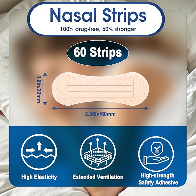 Nasal Strips for Snoring - Extra Strength Nose Strips for Breathing (60 ct), Beige Nose Tape for Sleeping and Sports, Nasal Congestion Relief, Oil & Sweat Proof