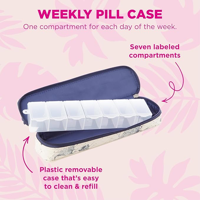 Miamica Women's Zippered Pill Case with 7-Day Removable Plastic Organizer, Cream, 8.1” x 3” x 1.75” – Weekly Medicine Box w/Roll Up Design
