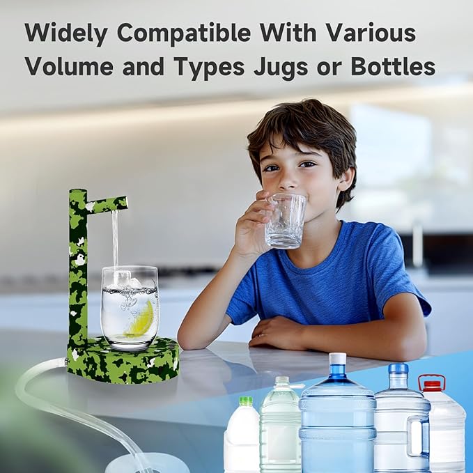 Water Dispenser for 5 Gallon Bottle – Desktop Electric Water Pump with USB-C Fast Charging, Portable 5 Gallon Water Jug Dispenser for Home, Office, Bedside & Countertop(Green Camouflage)