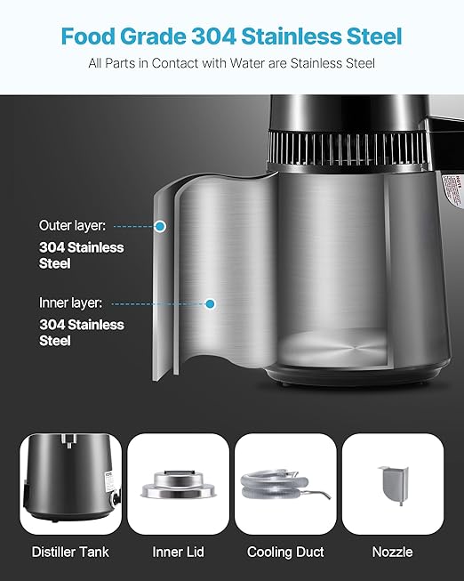 VEVOR 1750W Water Distiller, 0.4Gal/H Distilled Water Maker with Glass Carafe, 4L/1.1Gal Countertop Distiller Machine, 0-99H Time Temp Dual Display, Anti-Dry Design 304 Stainless Steel Still, Grey