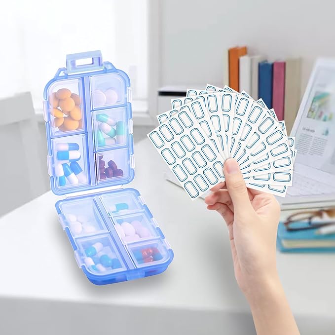 INVODA 12PCS 10-Compartment Pill Organizer BPA-Free Travel Pill Case with Daily Labels Portable Medicine Box for Vitamins, Supplements & Jewelry