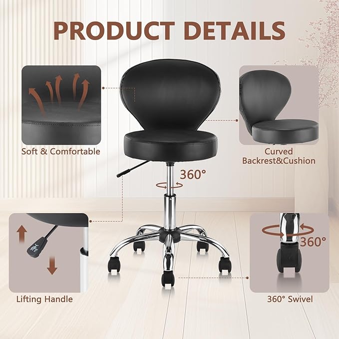 Leather Rolling Salon Stool with Back Support and Wheels Adjustable Height Swivel Spa Stools for Office Massage Facial Medical Drafting Tattoo Beauty Barber Lab Doctor Tattoo, Black, 2 Pack
