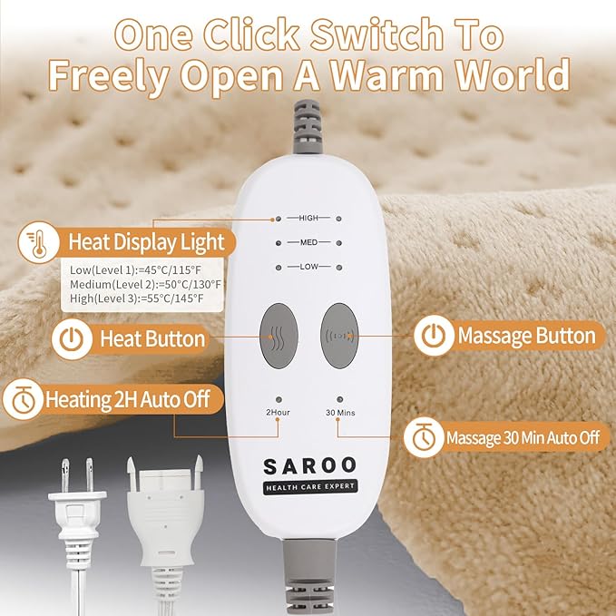 SAROO Heating Pad for Back Pain Relief,Massaging Weighted Heating Pads for Neck, Shoulder,Cramp,Portable Heated Pad with 3 Heat Settings & 6 Massage,18 Relaxing Combinations,Auto Off,12"*24",Camel