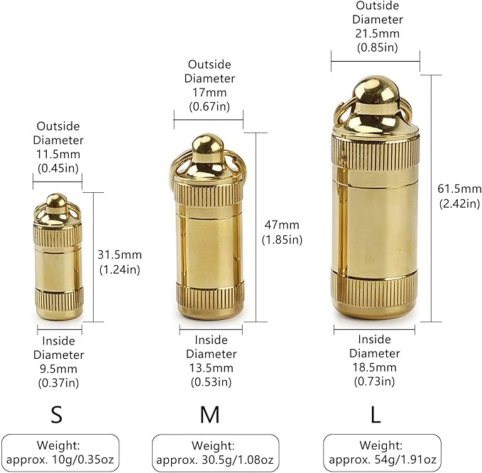 Portable Pill Case Container, Mini Brass Waterproof Keychain Pill Storage Box, Pill Holder Medicine Organizer for Pocket, Purse, Necklace, Outdoor Travel/Camping, S
