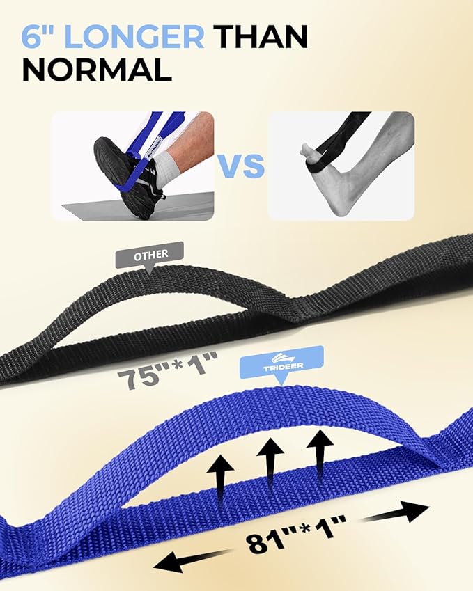 Trideer Stretching Strap with Loops & Leg Lifter, Non-Elastic PT-Style Physical Therapy Strap for Knee Replacement Rehab, Hamstring, Calf & Back Stretcher Mobility, Hip, Shoulder & Yoga