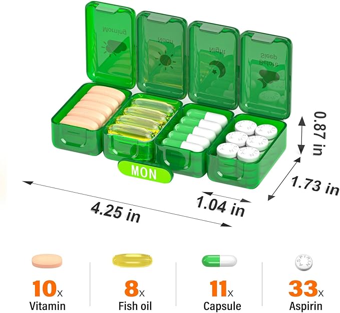 Weekly Pill Organizer 4 Times a Day, Large Compartments Pill Box 4X 7 Day, Medicine Organizer Pill Case for Pills/Vitamins/Fish Oils/Medication/Supplements (Green)