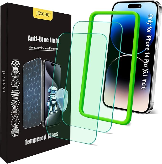 Blue Light Screen Protector for iPhone 14 Pro (6.1")*2 Pack Eye Protection,HD Blue Light Blocking Tempered Glass Film, No Bubble, with Easy Installation Kit
