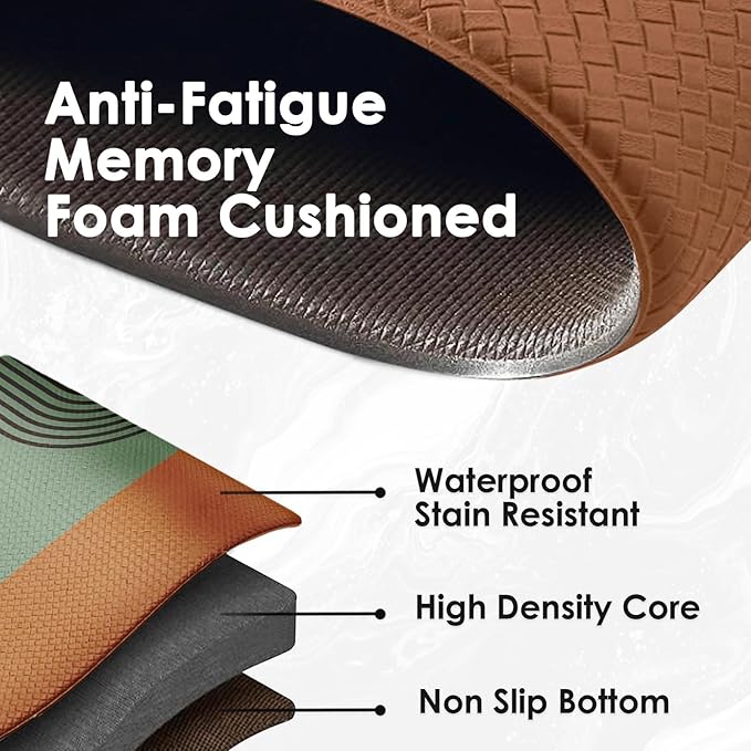 Kitchen Mats for Floor 2 PCS, Anti Fatigue Mat Set, Boho Cushioned Non Slip Waterproof Kitchen Rugs, Wipe Clean PVC Leather Runner for Sink, Laundry, Office, 17"x47"+17"x29", Dark Green