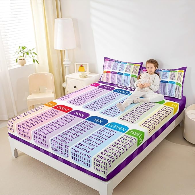 Feelyou Kids Educational Fitted Sheet Full Size, Division Bedding Set MathLearning Bed Sheet Set Boys Girls Preschool Teens Bedroom Decor (2 Pillow Cases and a Fitted Sheet)