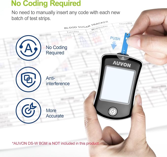 AUVON DS-W Draw-in Blood Glucose Test Strips for use with AUVON DS-W Diabetes Sugar Testing Meter (No Coding Required, 150 Count)