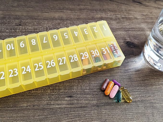 Once-a Day Monthly Pill Organizer Removable Lid for Easy Loading - Large Compartment Pill Box Medications for Entire Month Plus a Compartment for Extra Pills BPA Free