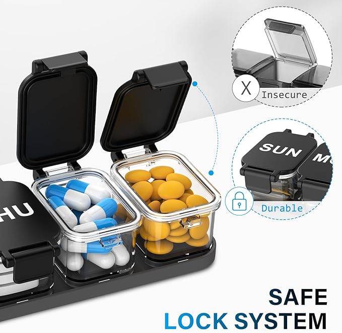 2-Pack Extra Large Weekly Pill Organizer, Travel Pill Box 7 Days, XL Vitamin Holder with 7 Detachable Compartments, Protable Medicine Organizer for Supplements
