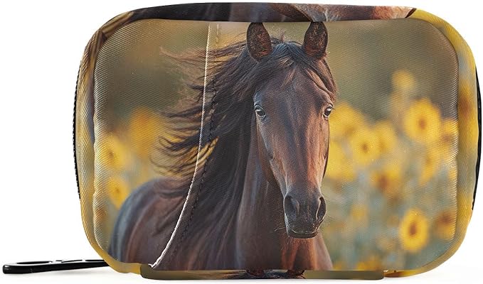 Sunflowers Field Horse Pill Organizer Case Floral Animals 7 Day Travel Pill Box with Zipper Portable Weekly Vitamin Medicine Supplement Holder Pouch Bag