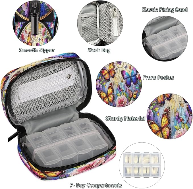 Stained Glass Butterflies Flowers Travel Pill Organizer Box Weekly Portable Pill Case Daily Pills 7 Day Small Birth Control Pills Container Removable Compartments for Medicine Vitamins Fish Oil