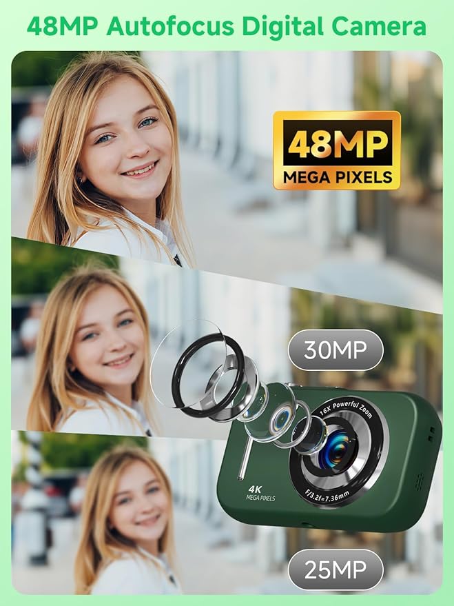 Digital Camera,4K 48MP Portable Camera with Anti Shake, 16X Zoom, Digital Camera for Teens with Beauty, 32GB Card, 21 Filters, Best for Kid Children Teen Student Girl Boy