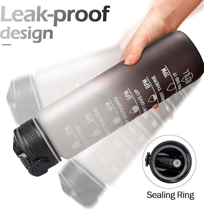 Motivational Water Bottle with Time Marker - 32oz, Leak-proof BPA Free Sports Water Bottles with Straw & Carrying Strap