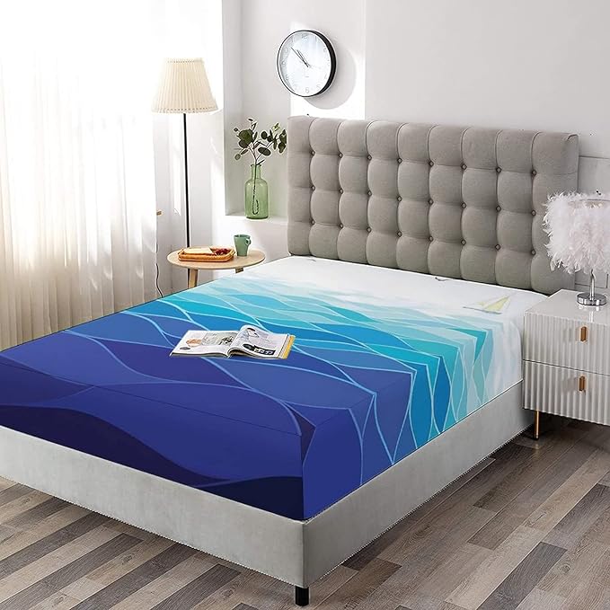 Decorative Fitted Sheet Set Cal-King Size, Aqua Deep Pockets Fitted Sheet & 2 Pillow Sham Set(No Flat Sheet), Graphic Ocean Waves Sailboat Birds Seagulls Seascape Printed Microfiber Bedding 3pc Set