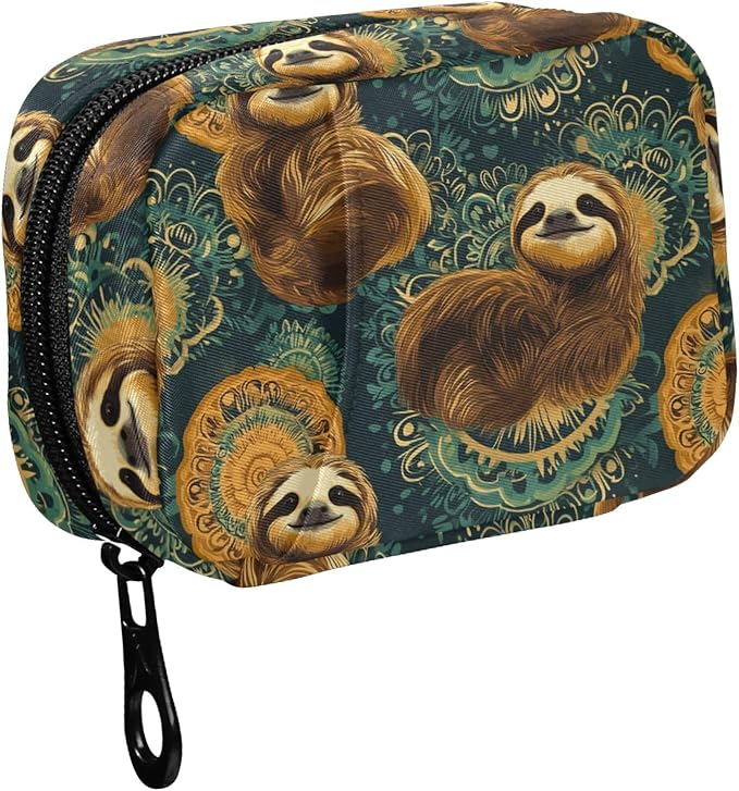 Fustylead Retro Cute Sloths on Green Mandala Background Travel Pill Organizer Case Zipper for Purse with Removable Weekly Pill Box for Medicine, Vitamin, Supplement Medicine Organizer