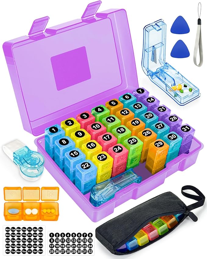 Monthly Pill Organizer 2 Times a Day – Yonlog Large Medicine Box with Weekly Travel Bag, Pill Cutter, Easy-Open Pick, Pill Taker Tool, and 2 Medication Stickers (Purple, 3 Times a Day)