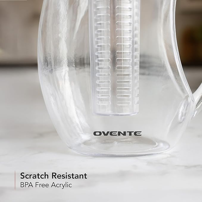 OVENTE Fruit Infusion Water Pitcher 2.5L/85Oz with Removable Lid and Infuser Rod, BPA-Free, Shatterproof Acrylic Beverage Jug for Flavor-Infused Drinks, Lemonade, Juice and Iced Tea, Clear PIA0852C