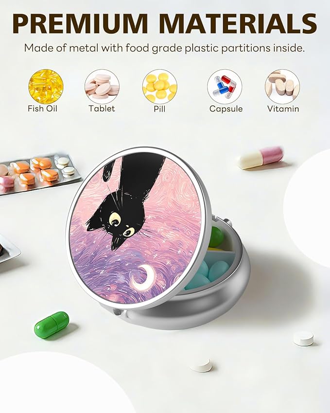 LRITER Pill Case, Portable Travel Pill Box, Pillbox Organizer, Cute Small Medicine Storage Container, Purse Accessories for Women, Men (Pink Starry Sky Cat)
