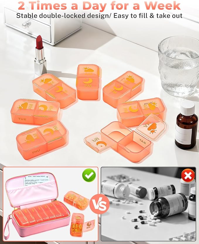 Pill Organizer 2 Times a Day (AM PM), Weekly Pill Box with PU Leather Case, Stylish Portable Medicine Organizer for Purse, Vitamins & Supplements (Pink)