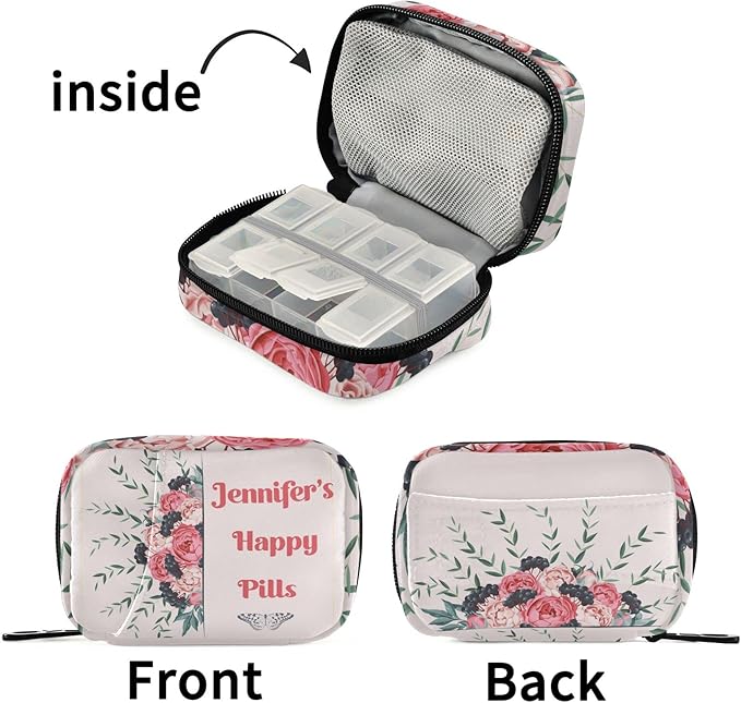Custom Pill Box 7 Day Pill Case Bag Blossom Flower Personalized Name Travel Pill Organizer Bag with Zipper Portable Weekly Case Compact Size for Vitamin Supplement Holder