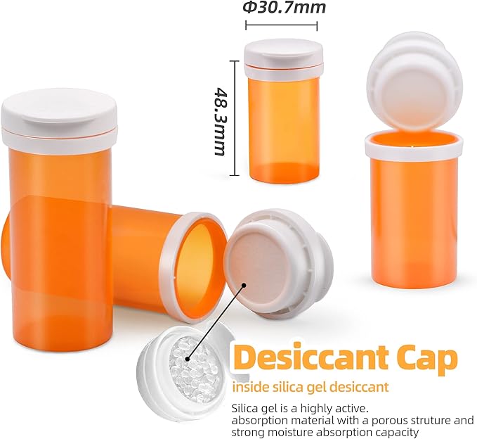 Pill Bottle with Desiccant Cap, Medicine Bottle, Pill Bottles Empty with Caps, Empty Pill Bottles (6 Dram, 12 Pack)