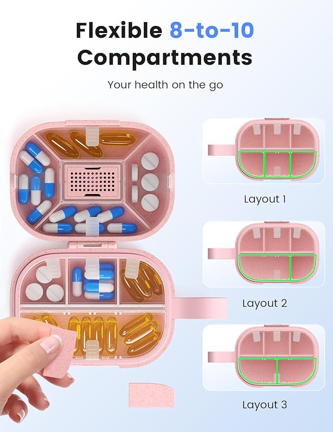Travel Pill Organizer, Adjustable 8-10 Compartments Portable Pill Box, 7 Day Weekly Label Small Pill Case, Daily Medicine Container Kit Moisture Proof Vitamin Supplement for Pocket Purse-Pink