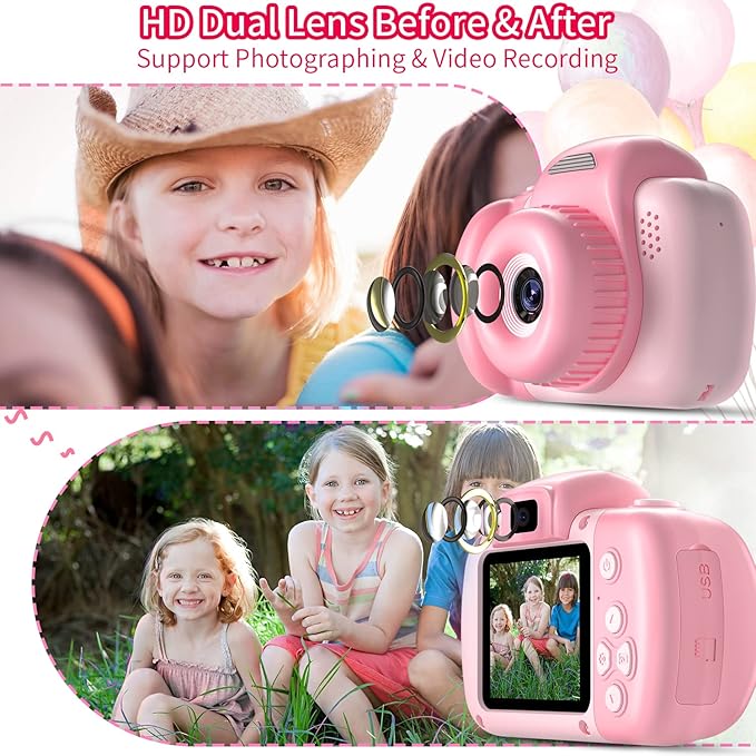 48MP Digital Dual Camera for Kids, 3-12 Years Old, with 2.0 Inch IPS Screen, 32GB SD Card, 1080P HD Video, Perfect for Toddler Birthday Gifts (Pink)