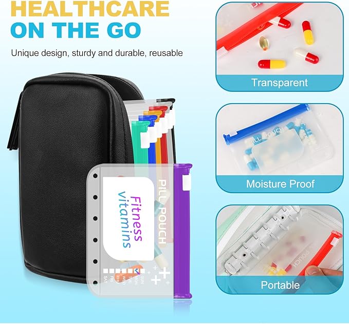 The A7-L Reusable Pill Pouches Set is Designed to fit The A7 Binder. Zippered Pill Organizers Weekly, Travel Pill Container, Reusable Zipper Pouches, Color-Coded Medicine Pouches